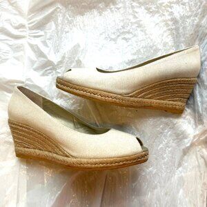 "Gran Via Beige Canvas Peep Toe Espadrille Wedges 3" Platform Size 30"